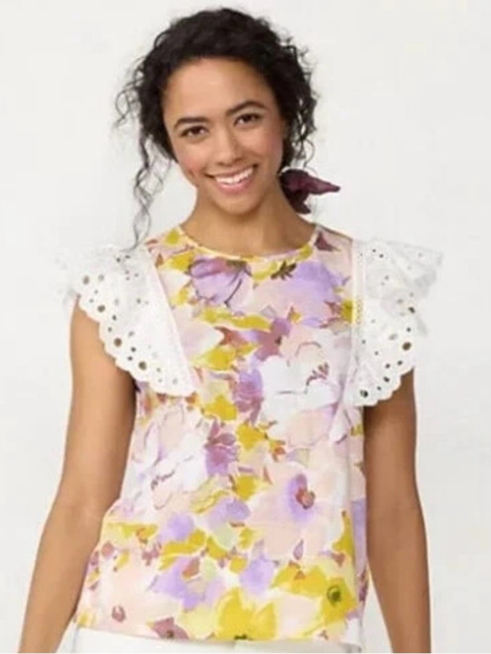 LC Lauren Conrad Pastel Floral Eyelet Flutter Sleeve Top 1X